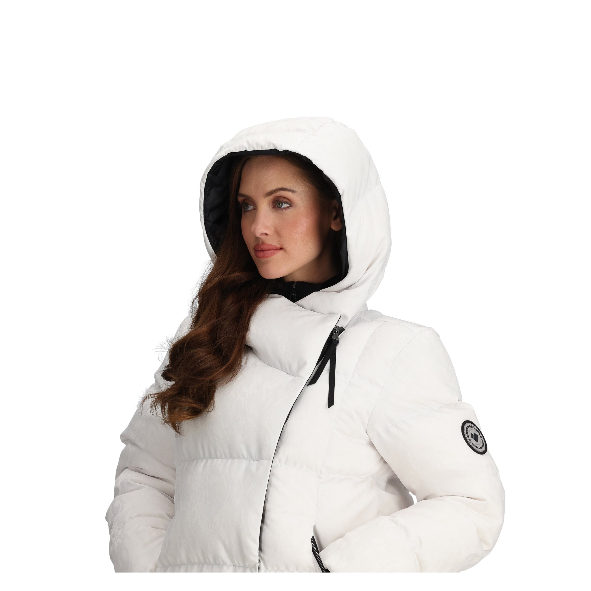 Obermeyer Women's Calypso Down Jacket - A white down jacket with a black zipper and a round patch on the left sleeve.