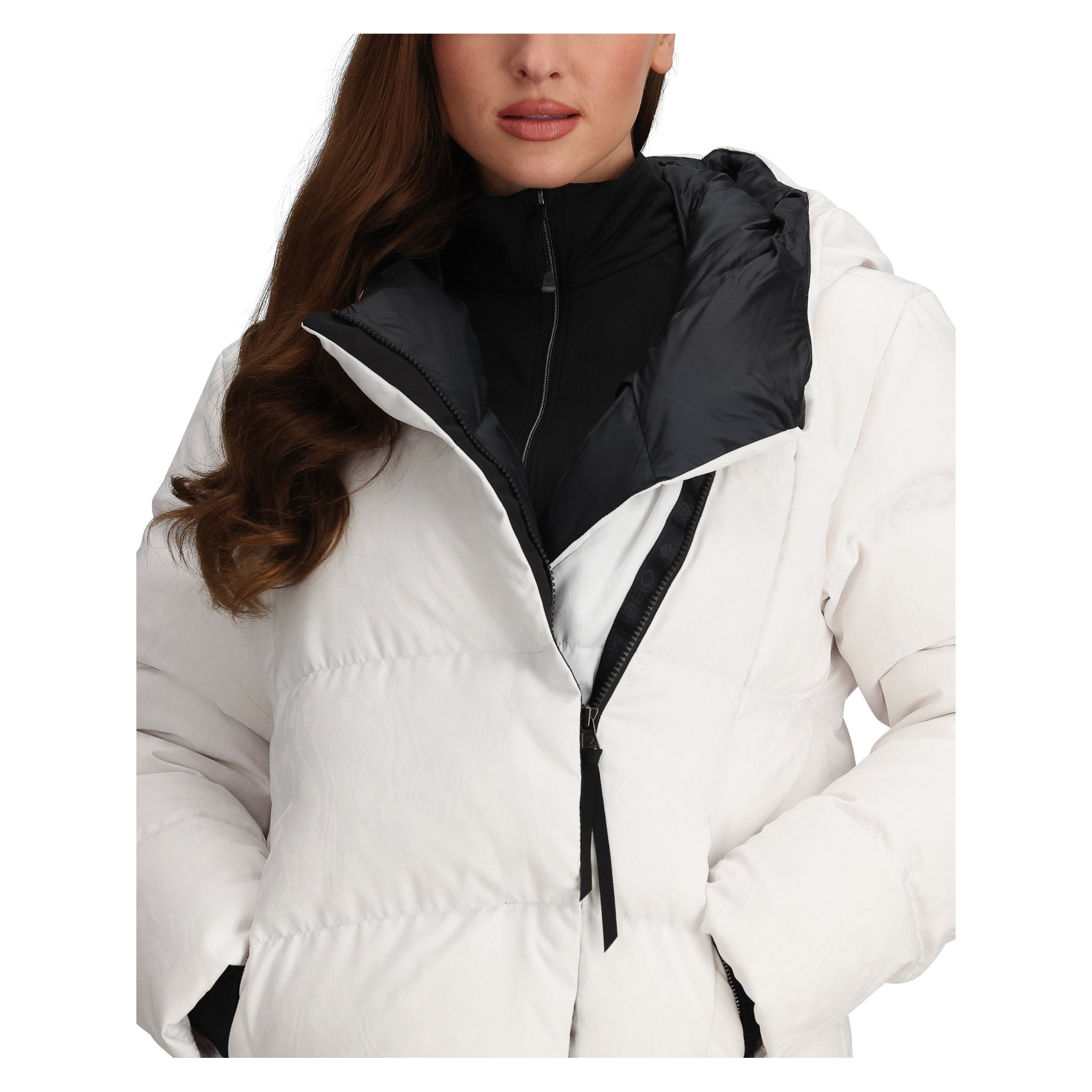 Obermeyer Women's Calypso Down Jacket - A white down jacket with a black zipper and two zippered pockets on either side.