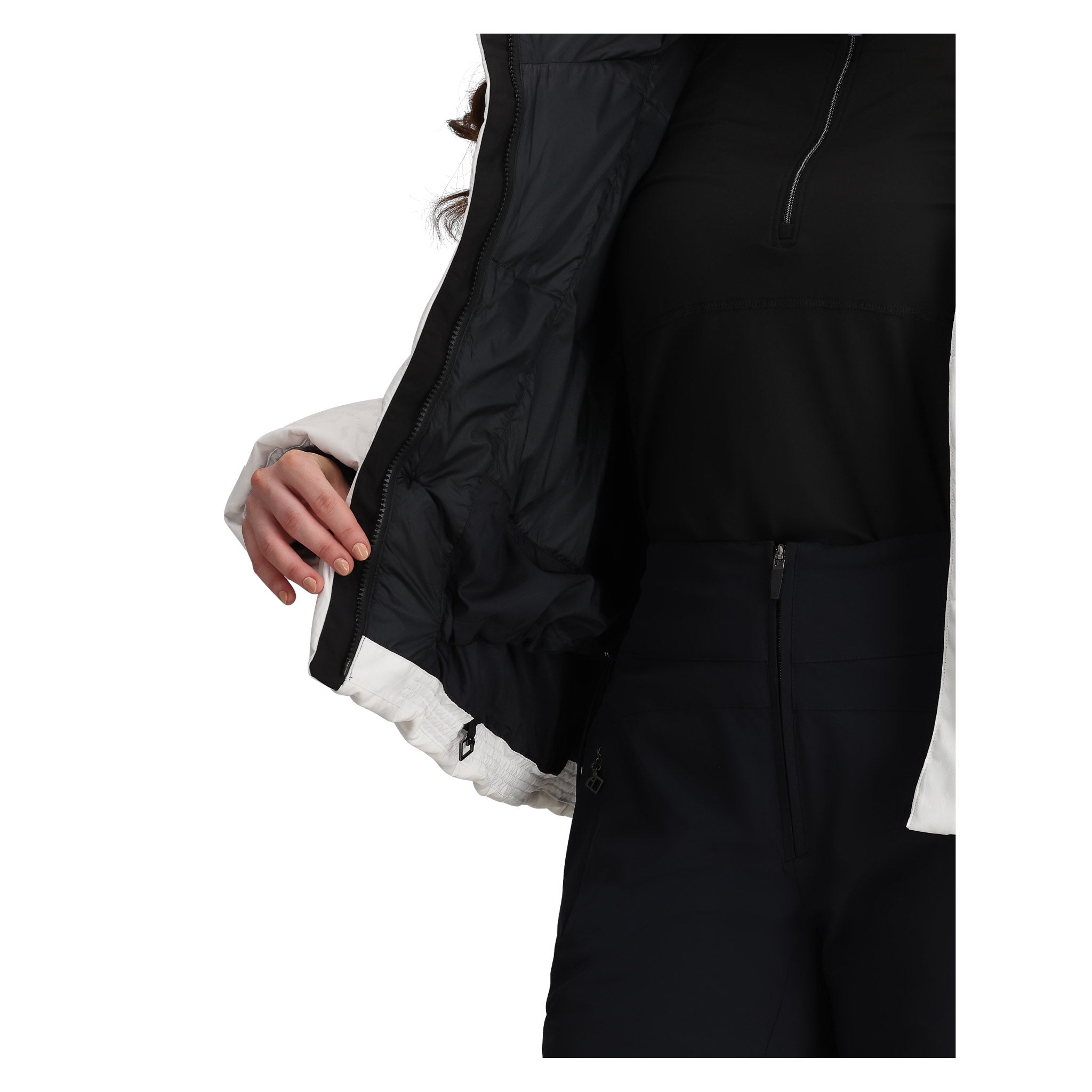 Obermeyer Women's Calypso Down Jacket - A black down jacket with a white zipper and two zippered pockets on the front.
