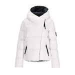 Obermeyer Women's Calypso Down Jacket 2025 - A white down jacket with a black zipper and a hood, featuring a quilted pattern on the sleeves.