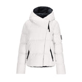 Obermeyer Women's Calypso Down Jacket 2025 - A white down jacket with a black zipper and a hood, featuring a quilted pattern on the sleeves.