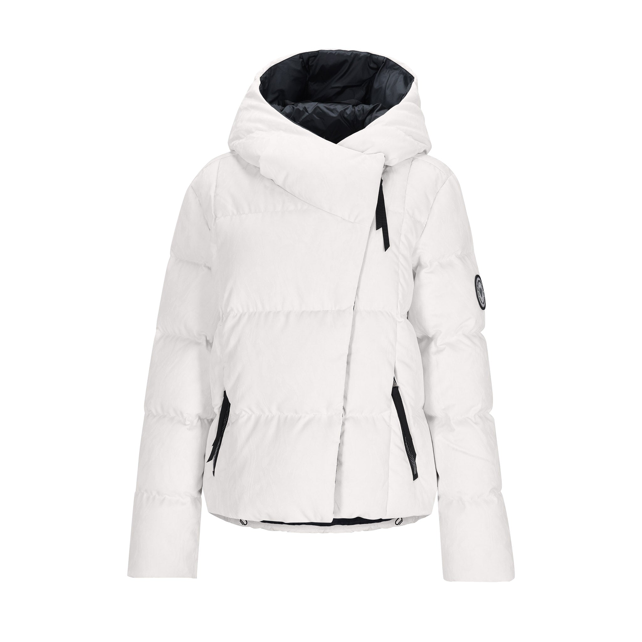 Obermeyer Women's Calypso Down Jacket 2025 - A white down jacket with a black zipper and a hood, featuring a quilted pattern on the sleeves.