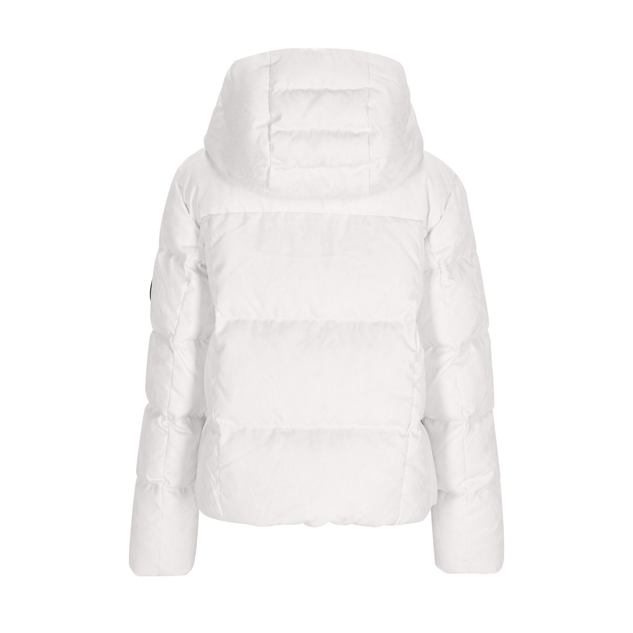 Obermeyer Women's Calypso Down Jacket 2025 - A white down jacket with a hood, featuring a black zipper and two zippered pockets on either side.