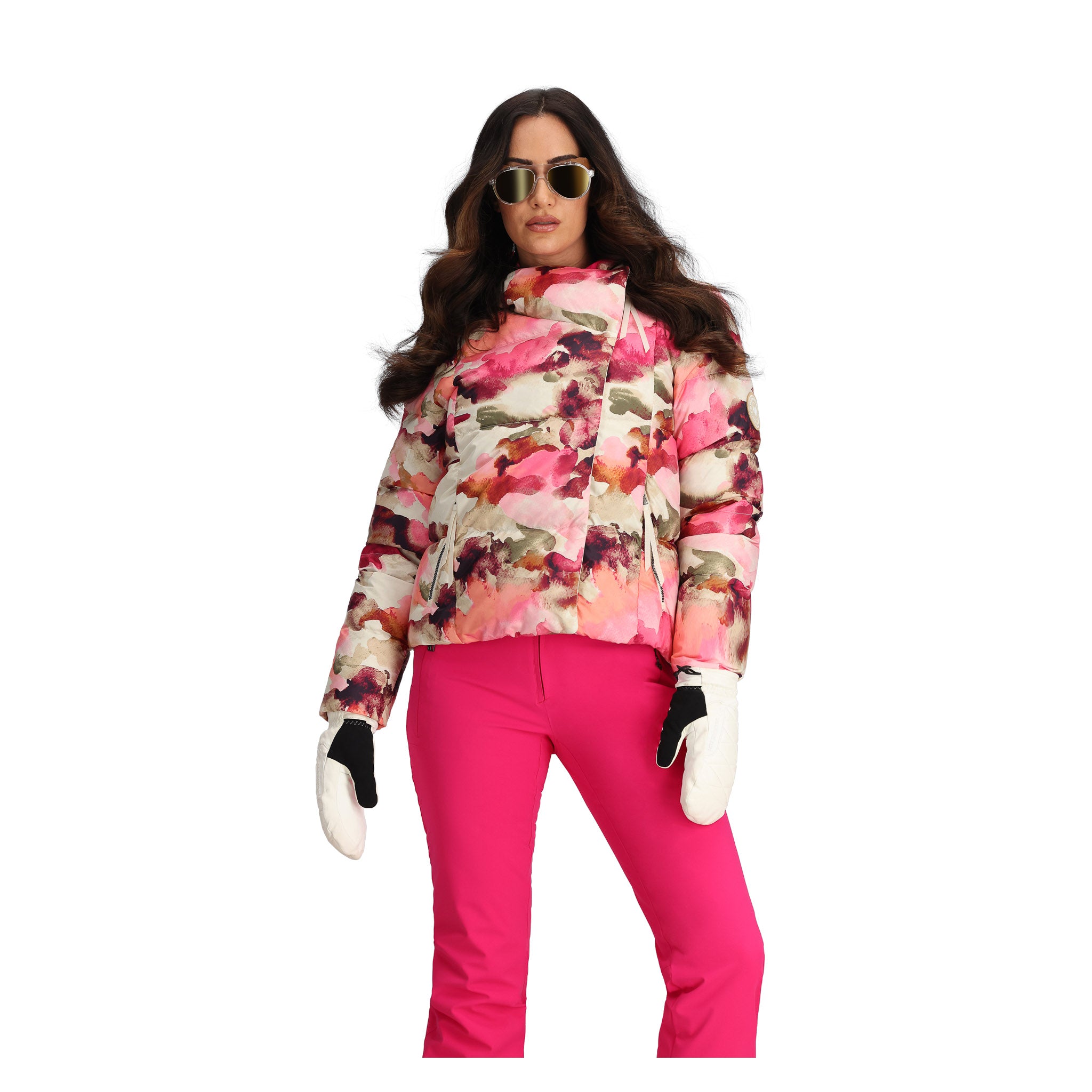 Obermeyer Women's Calypso Down Jacket - A white down jacket with a pink and brown abstract floral pattern, featuring a high collar and zippered pockets.
