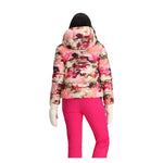 Obermeyer Women's Calypso Down Jacket - A pink down jacket with a hood, featuring a watercolor-style floral pattern in shades of pink and purple.