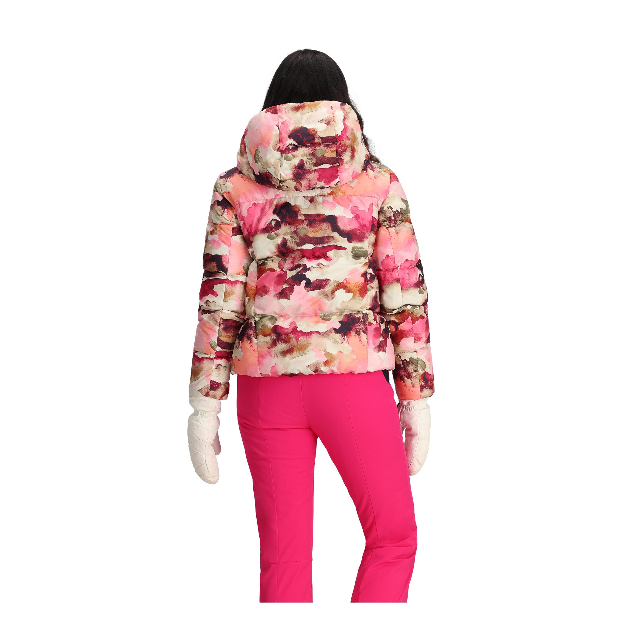 Obermeyer Women's Calypso Down Jacket - A pink down jacket with a hood, featuring a watercolor-style floral pattern in shades of pink and purple.
