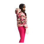 Obermeyer Women's Calypso Down Jacket - A white down jacket with a pink and brown abstract floral pattern, featuring a hood and zippered pockets.