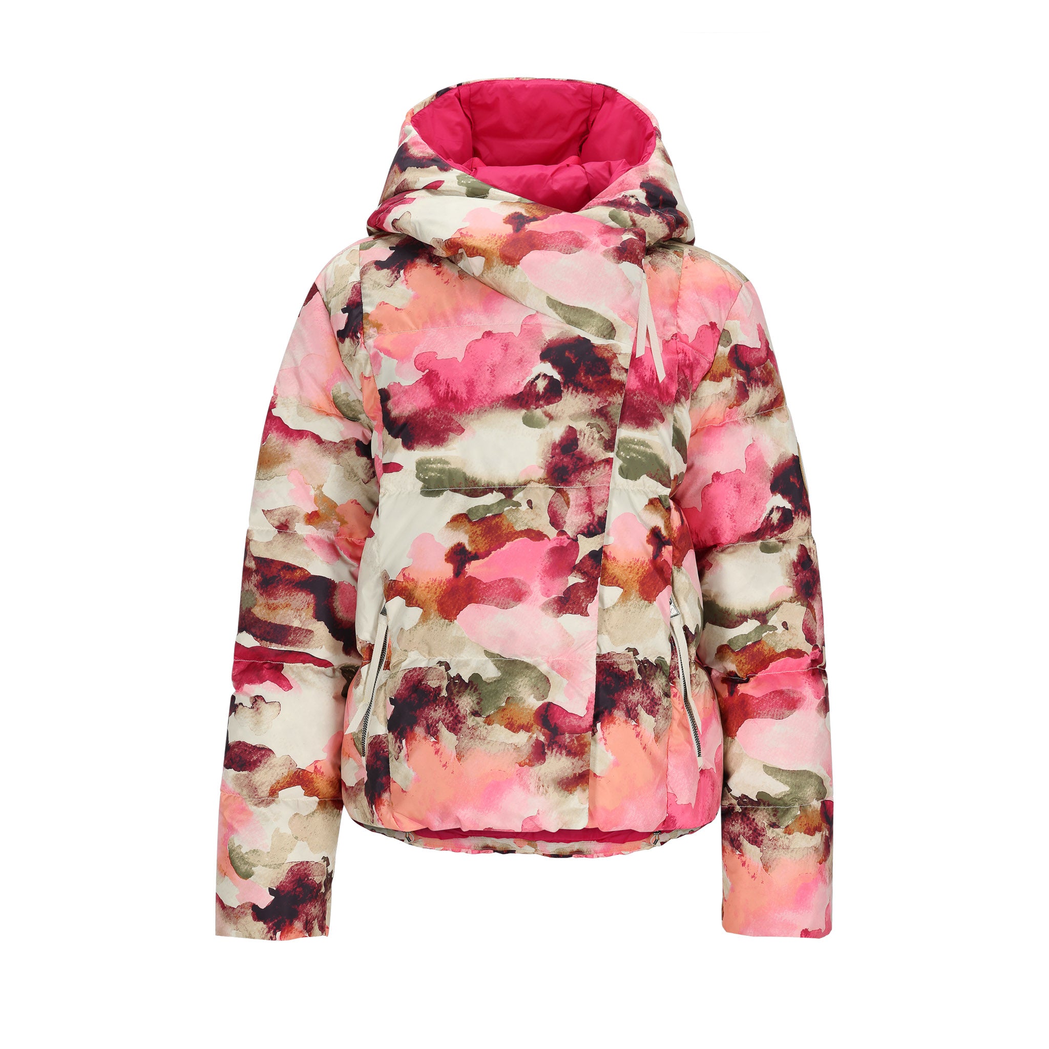 Obermeyer Women's Calypso Down Jacket 2025 - A cream-colored down jacket with a watercolor-style floral pattern in shades of pink, green, and brown.