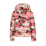 Obermeyer Women's Calypso Down Jacket 2025 - A down-filled jacket with a water-repellent finish, featuring a hood and zip closure in a pink and white floral pattern.