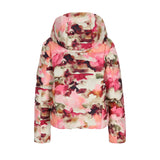 Obermeyer Women's Calypso Down Jacket 2025 - A down-filled jacket with a water-repellent finish, featuring a hood and zip closure in a pink and white floral pattern.