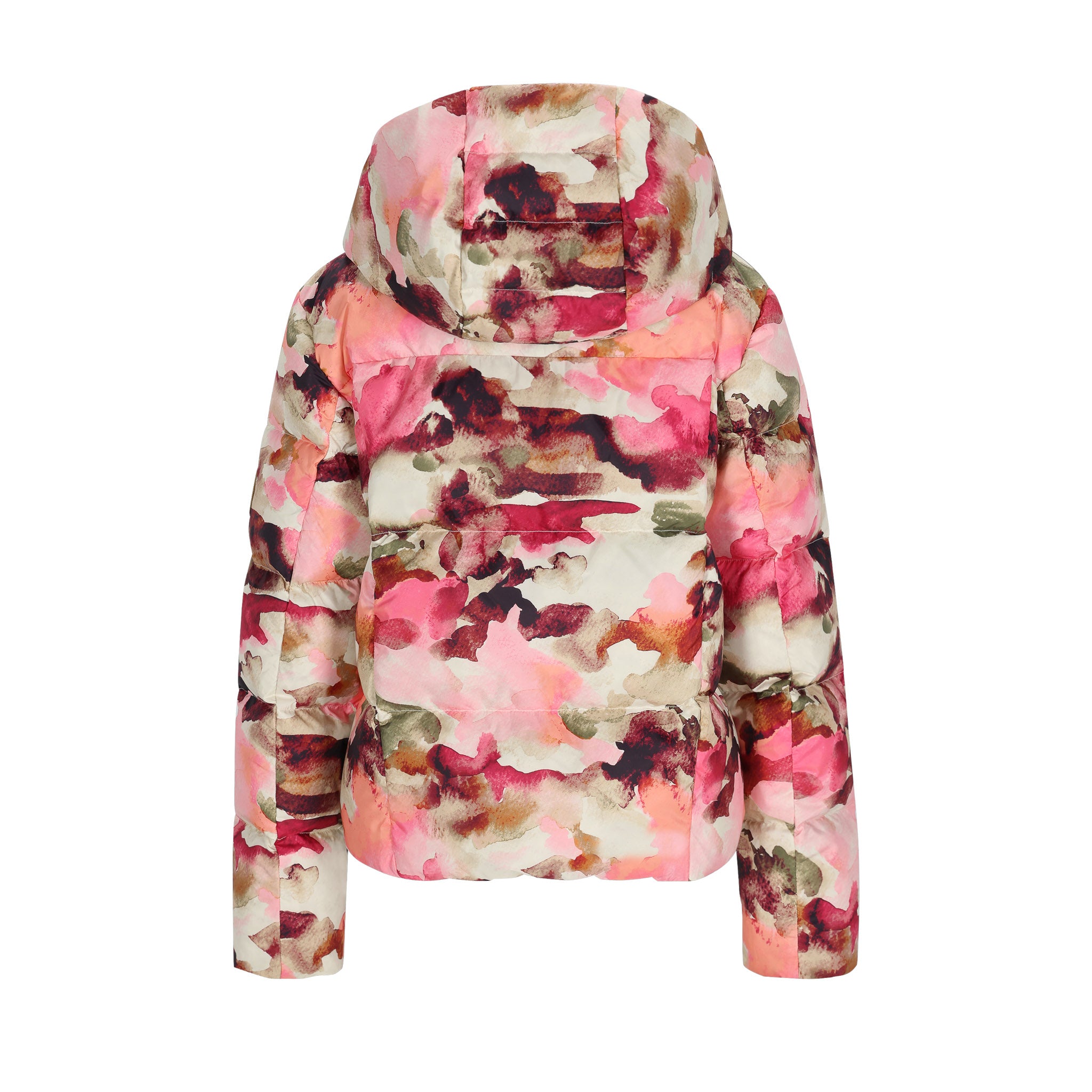 Obermeyer Women's Calypso Down Jacket 2025 - A down-filled jacket with a water-repellent finish, featuring a hood and zip closure in a pink and white floral pattern.