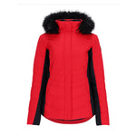 Obermeyer Women's Tuscany II Insulated Jacket - A red insulated jacket with a fur-lined hood and zippered pockets.