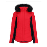 Obermeyer Women's Tuscany II Insulated Jacket - A red insulated jacket with a fur-lined hood and zippered pockets.