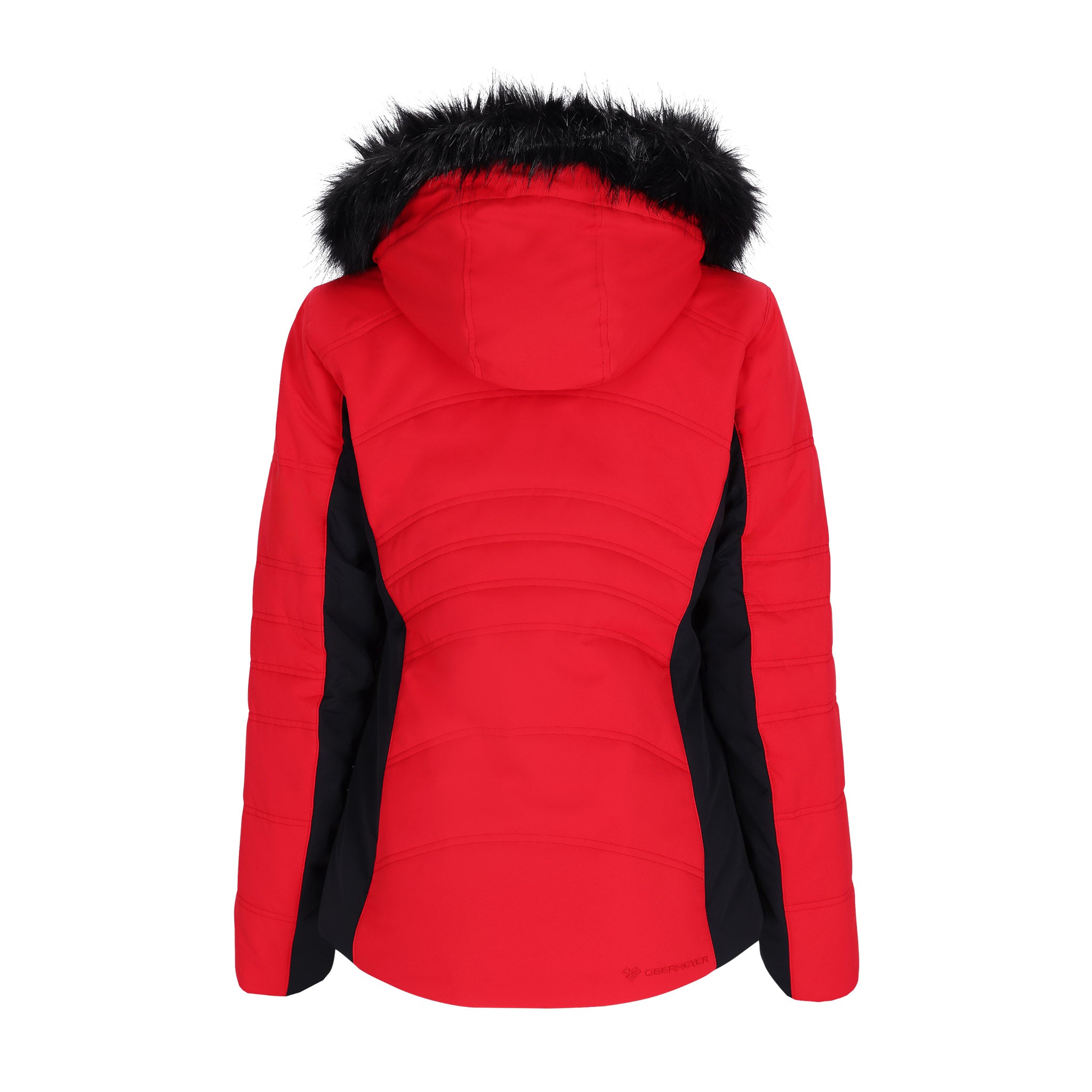 Obermeyer Women's Tuscany II Insulated Jacket - A red jacket with a black faux fur-lined hood and two zippered pockets on either side.