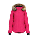 Obermeyer Women's Tuscany II Insulated Jacket - A bright pink jacket with a fur-lined hood and black accents on the sleeves.