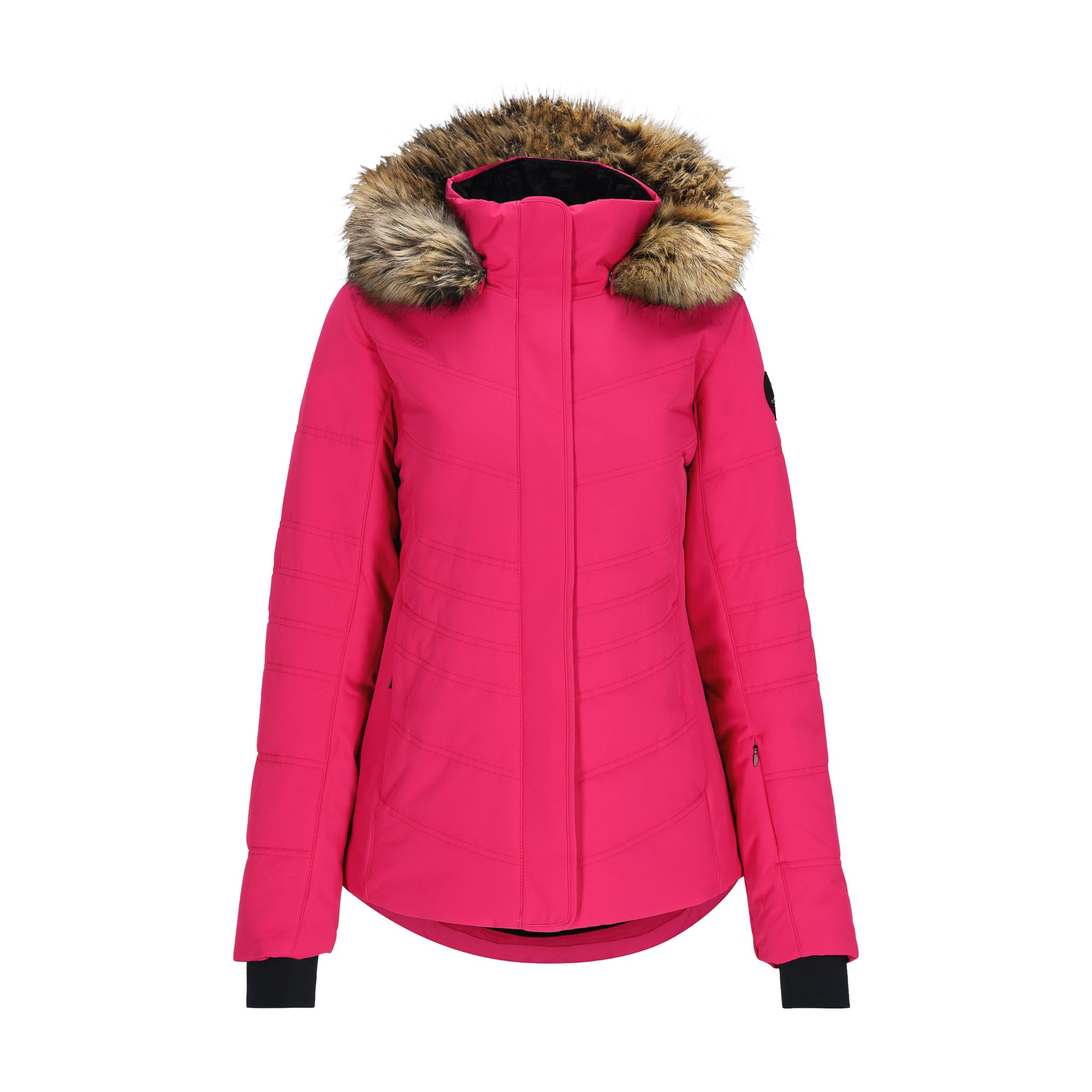 Obermeyer Women's Tuscany II Insulated Jacket - A bright pink jacket with a fur-lined hood and black accents on the sleeves.