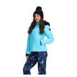 Obermeyer Women's Tuscany II Insulated Jacket - A light blue jacket with a black fur-lined hood and a black zipper.