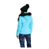 Obermeyer Women's Tuscany II Insulated Jacket - A light blue jacket with a black faux fur-lined hood and two zippered pockets on either side.