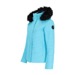 Obermeyer Women's Tuscany II Insulated Jacket - A light blue jacket with a black faux fur-lined hood and a black logo patch on the left sleeve.