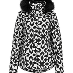 Obermeyer Women's Tuscany II Insulated Jacket 2025 - A black and white geometric patterned jacket with a fur-lined hood.