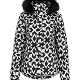 Obermeyer Women's Tuscany II Insulated Jacket 2025 - A black and white geometric patterned jacket with a fur-lined hood.