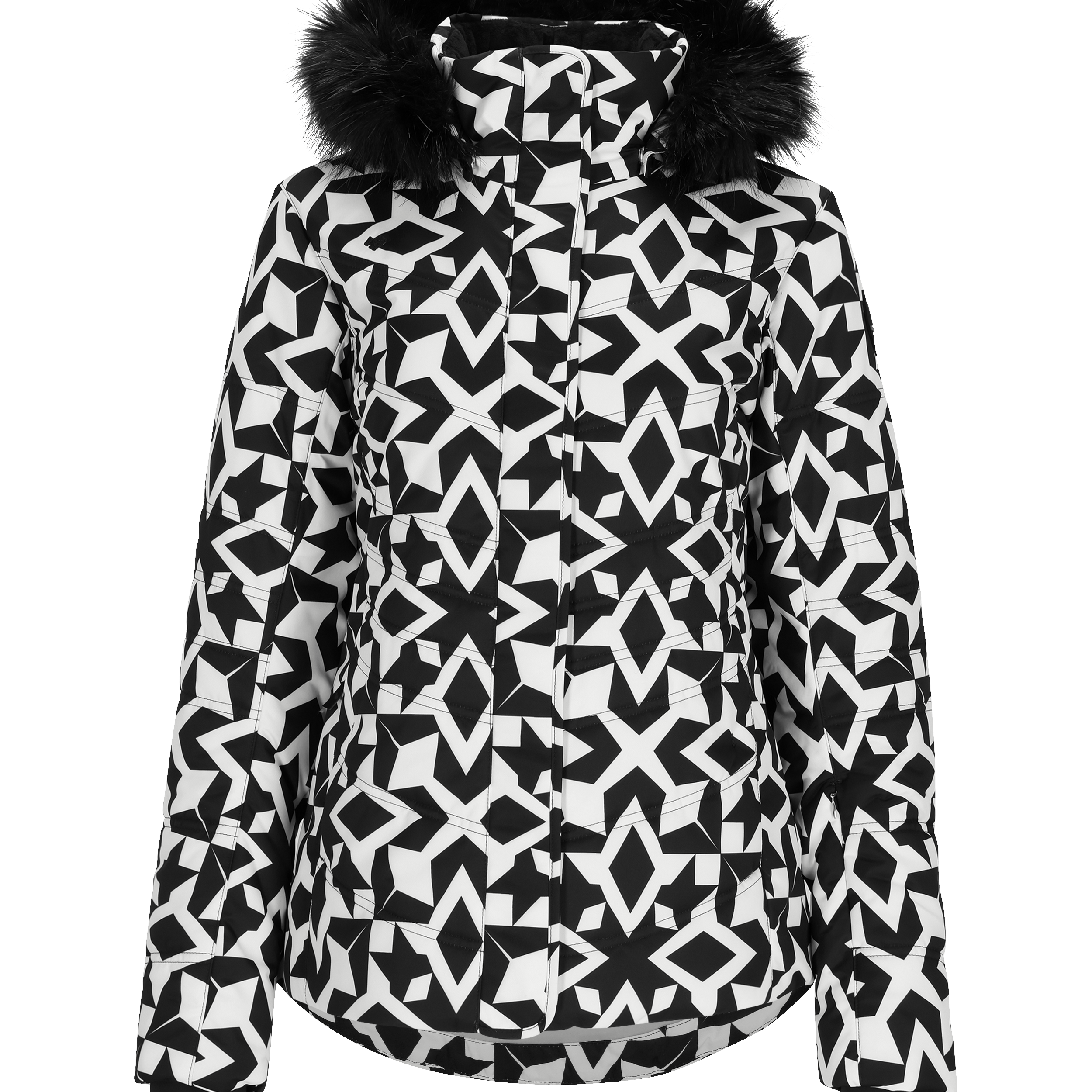 Obermeyer Women's Tuscany II Insulated Jacket 2025 - A black and white geometric patterned jacket with a fur-lined hood.