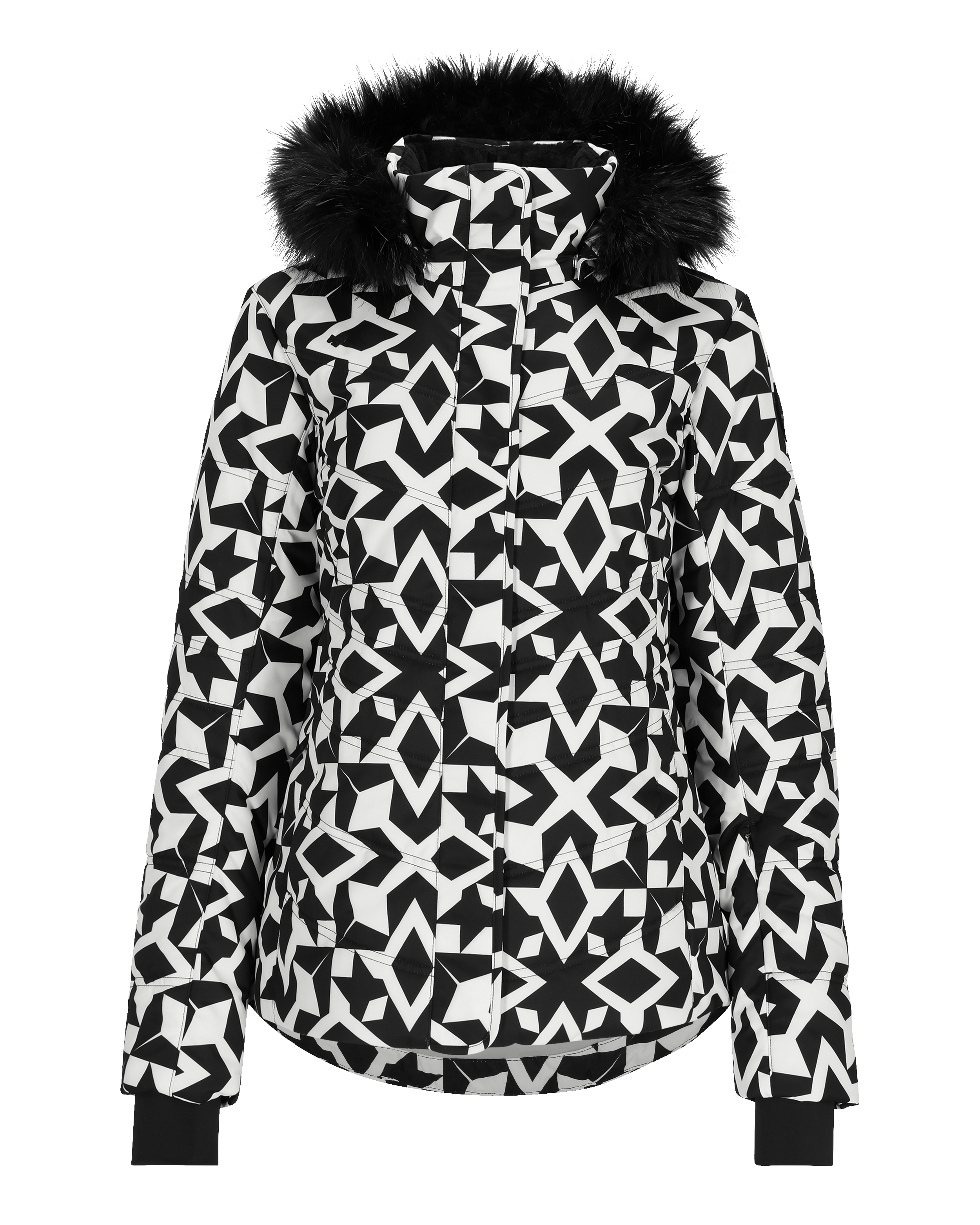 Obermeyer Women's Tuscany II Insulated Jacket 2025 - A black and white geometric patterned jacket with a fur-lined hood.