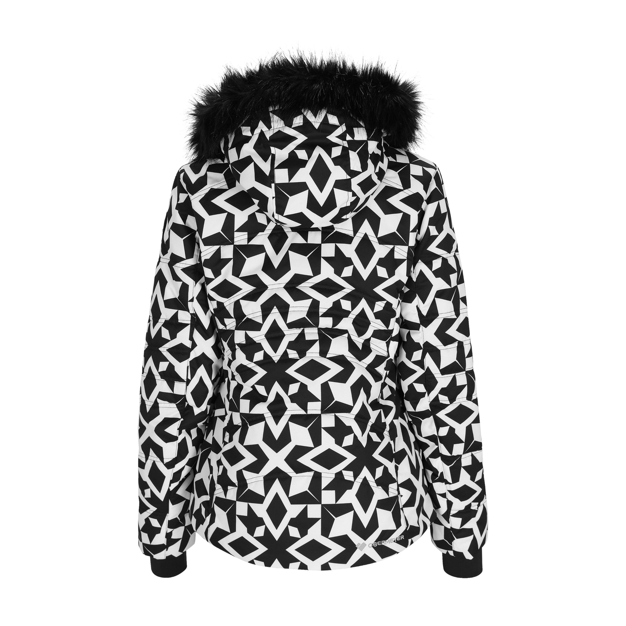 Obermeyer Women's Tuscany II Insulated Jacket 2025 - A black and white geometric patterned jacket with a fur-lined hood.