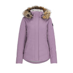 Obermeyer Women's Tuscany II Insulated Jacket 2025 - A lavender insulated jacket with a fur-lined hood and zippered pockets.
