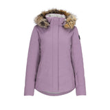 Obermeyer Women's Tuscany II Insulated Jacket 2025 - A lavender insulated jacket with a fur-lined hood and zippered pockets.