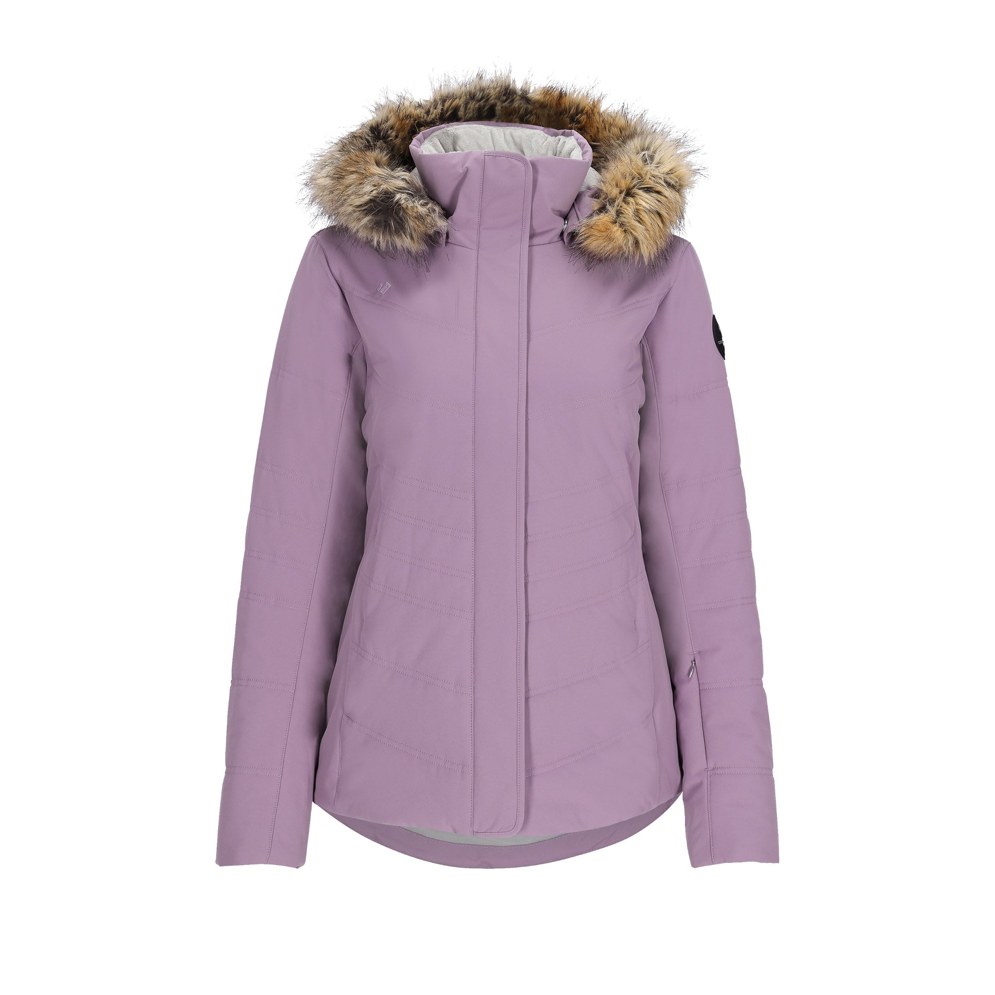 Obermeyer Women's Tuscany II Insulated Jacket 2025 - A lavender insulated jacket with a fur-lined hood and zippered pockets.