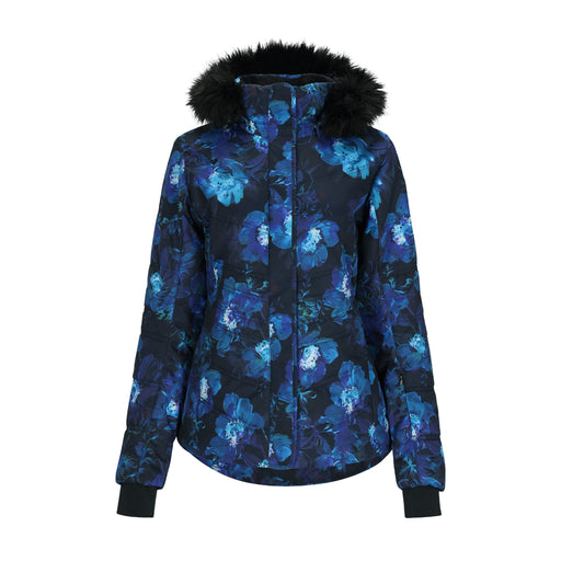 Obermeyer Women's Tuscany II Insulated Jacket With fur hood 2025 - Night Bloom, Deep Blue Floral Print on black - Front