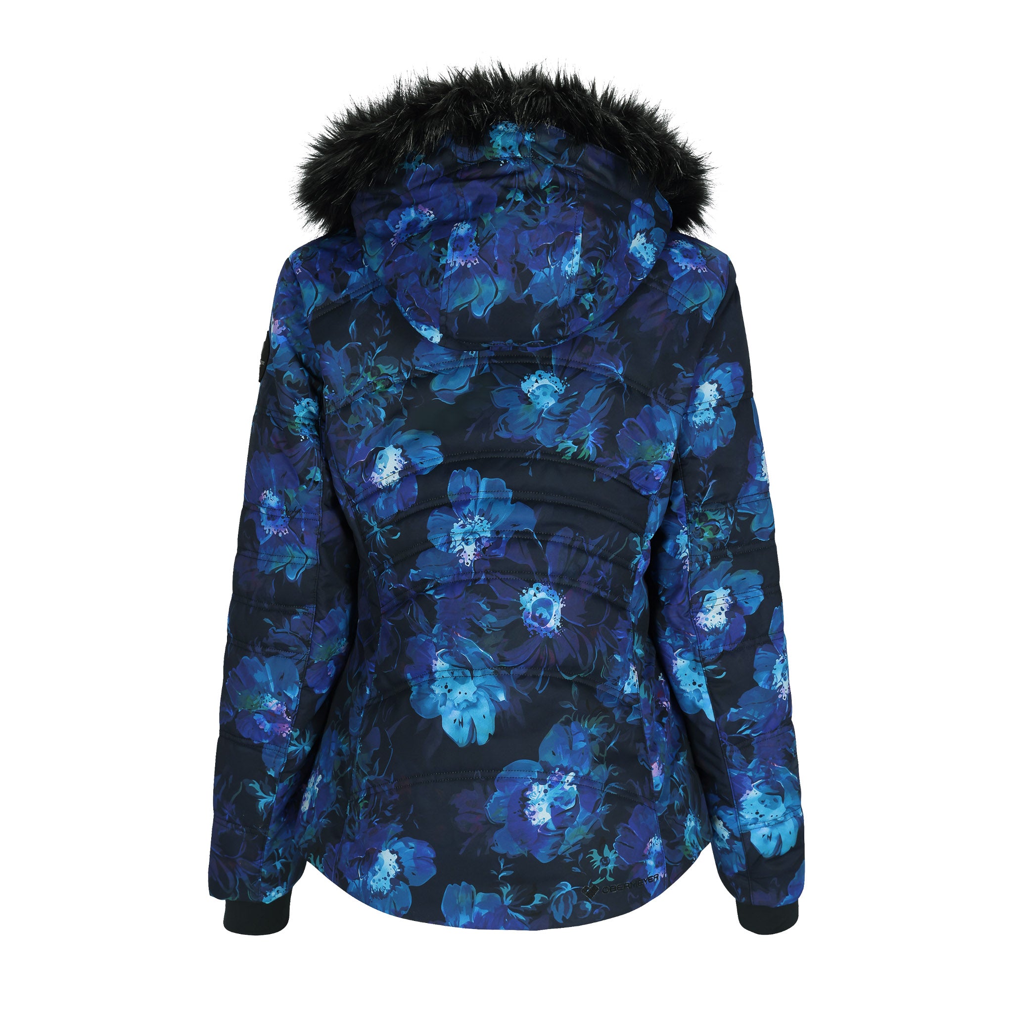 Obermeyer Women's Tuscany II Insulated Jacket With fur hood 2025 - Night Bloom, Deep Blue Floral Print on black - Back