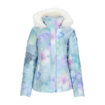 Obermeyer Women's Tuscany II Insulated Jacket 2025 - A pastel blue jacket with a subtle tie-dye pattern and white faux fur trim around the hood.
