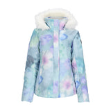 Obermeyer Women's Tuscany II Insulated Jacket 2025 - A pastel blue jacket with a subtle tie-dye pattern and white faux fur trim around the hood.