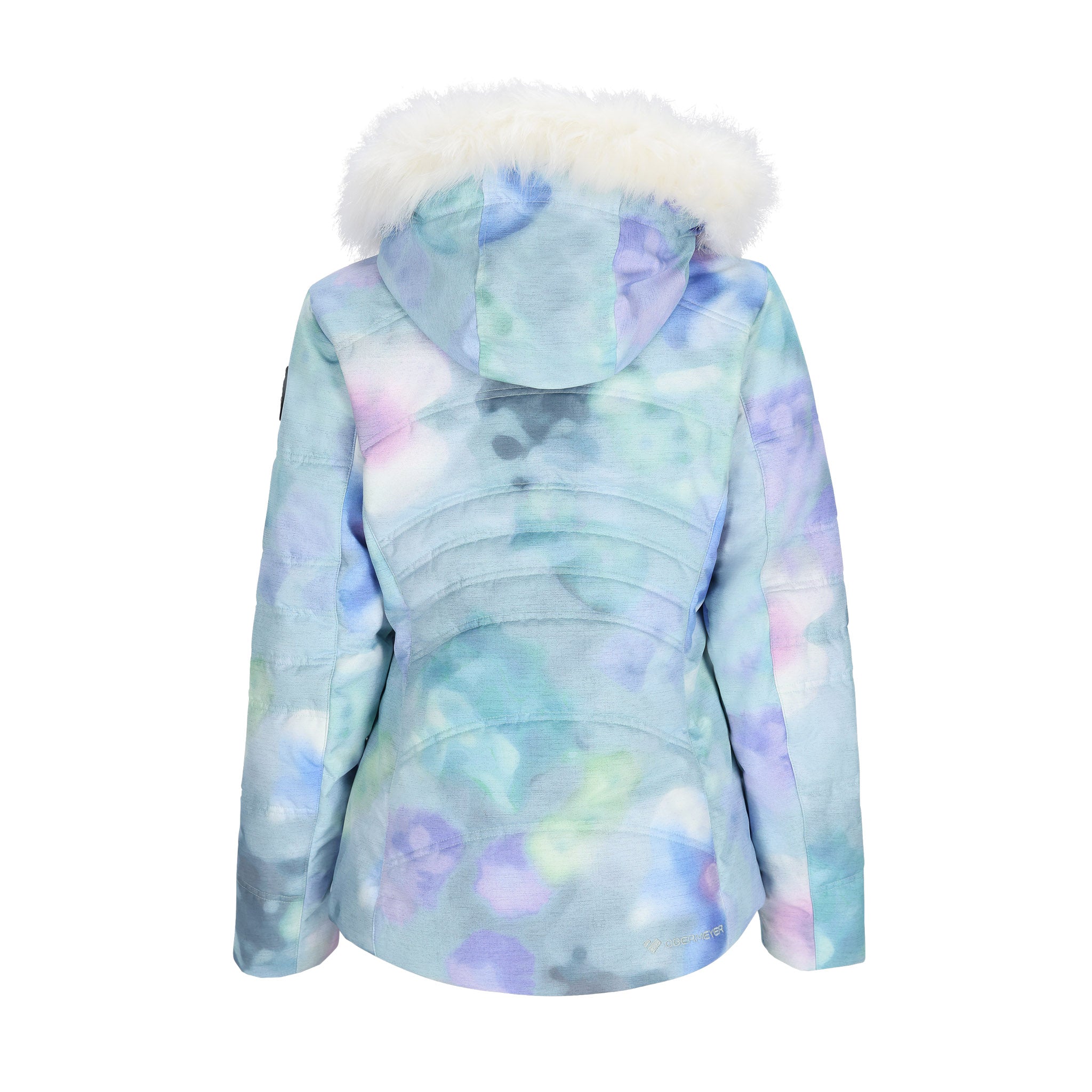 Obermeyer Women's Tuscany II Insulated Jacket 2025 - A pastel blue jacket with a hood and white faux fur trim around the hood opening.