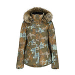Obermeyer Women's Tuscany II Insulated Jacket - A tan and green camouflage patterned jacket with a fur-lined hood, featuring a zip closure and two front pockets.