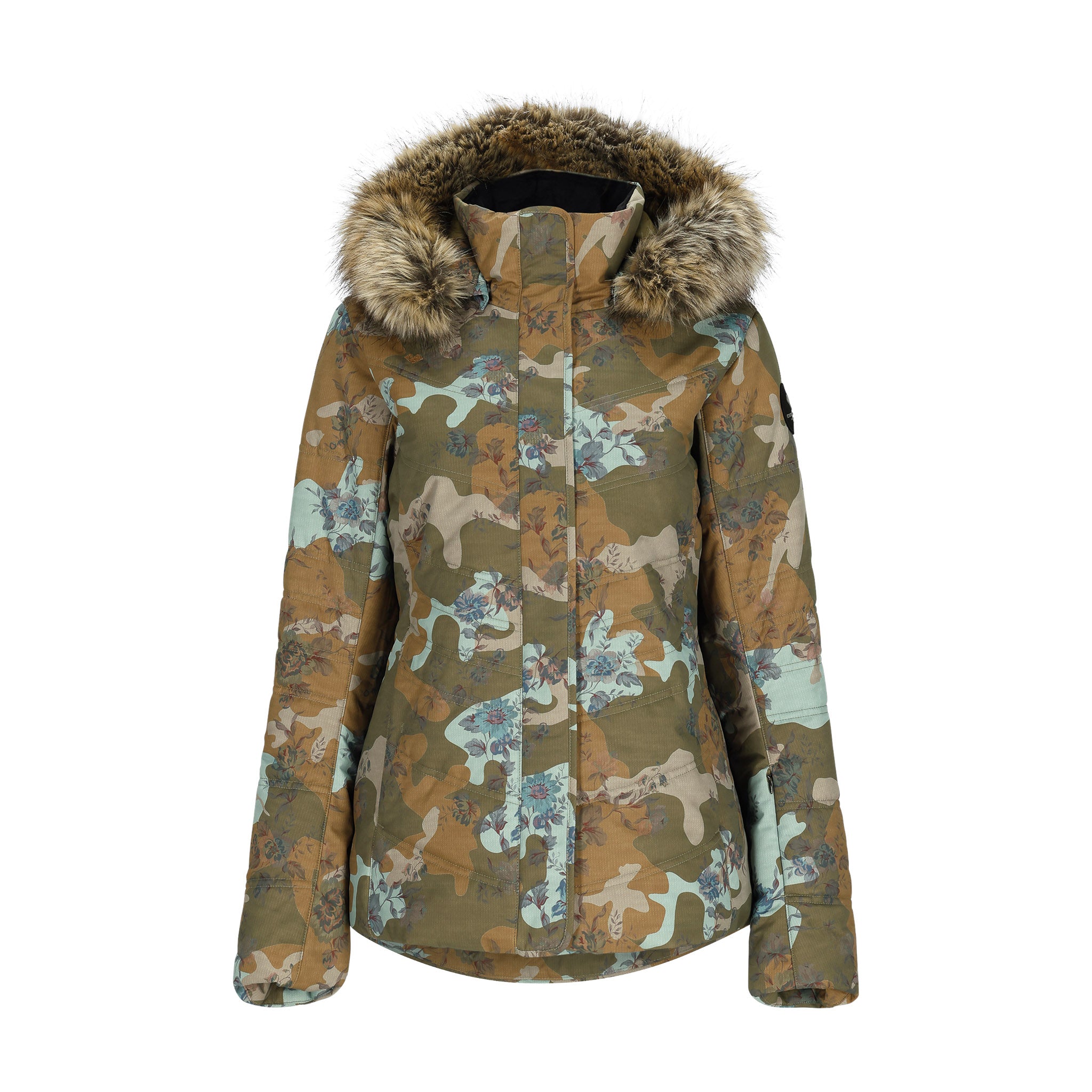 Obermeyer Women's Tuscany II Insulated Jacket - A tan and green camouflage patterned jacket with a fur-lined hood, featuring a zip closure and two front pockets.