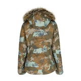 Obermeyer Women's Tuscany II Insulated Jacket 2025 - A tan and green camouflage patterned jacket with a fur-lined hood.