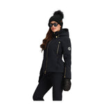 Obermeyer Women's Cristallo Insulated Jacket 2025 - A black insulated jacket with gold zippers and a hood, featuring a white logo on the left sleeve.