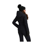 Obermeyer Women's Cristallo Insulated Jacket 2025 - A black insulated jacket with a high collar and zippered pockets, featuring gold zippers and a quilted pattern on the sleeves.