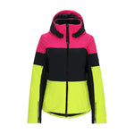 Obermeyer Women's Cristallo Insulated Jacket 2025 - A black, pink, and neon yellow jacket with a hood, featuring two zippered pockets on the front.