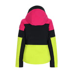 Obermeyer Women's Cristallo Insulated Jacket 2025 - A black, pink, and neon yellow jacket with a hood.