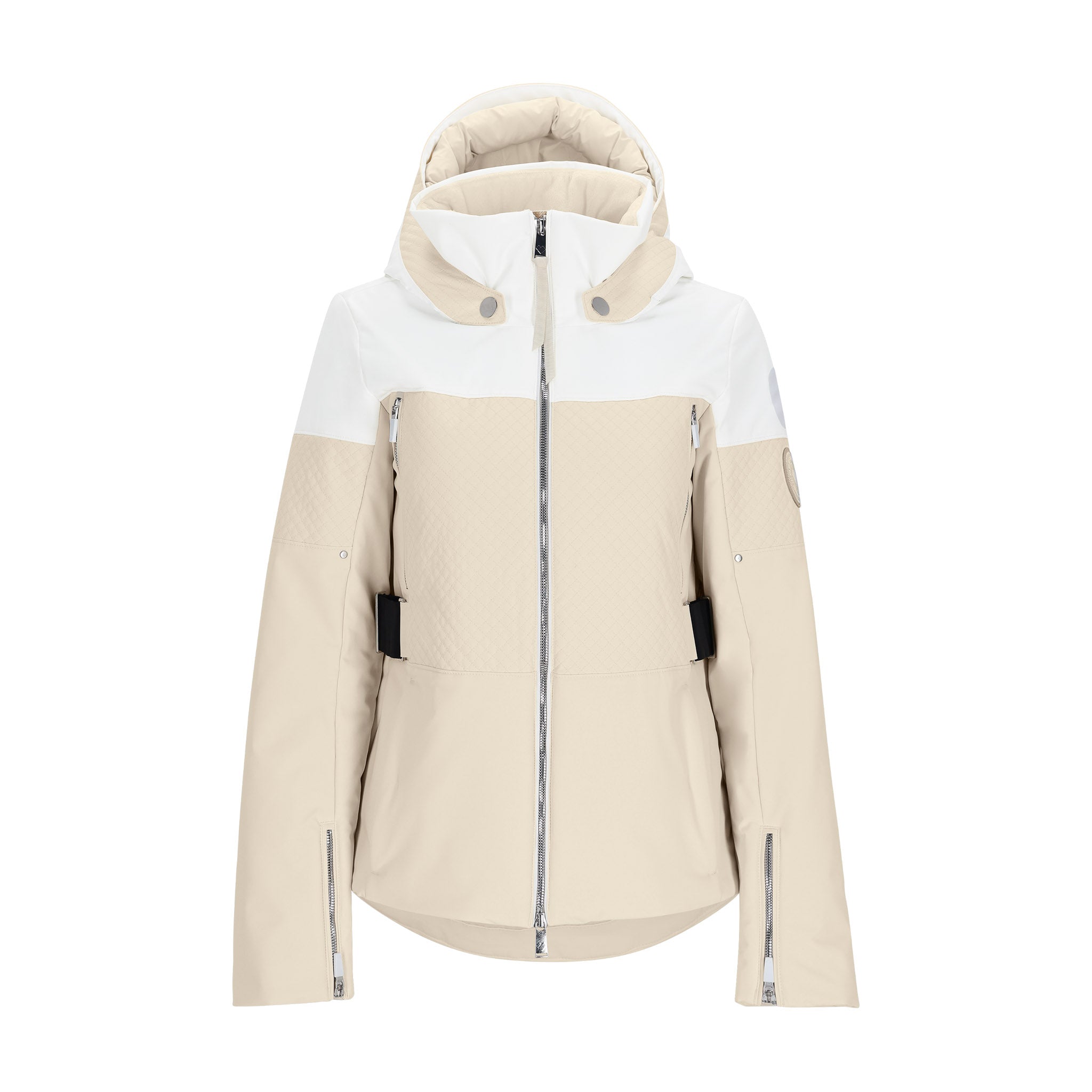 Obermeyer Women's Cristallo Insulated Jacket 2025 - A cream-colored jacket with a hood, featuring two zippered pockets on either side and silver snap buttons at the collar.