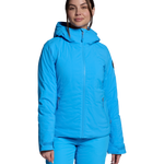 Women's insulated ski jacket, bright blue, full-zip with hood and side pockets