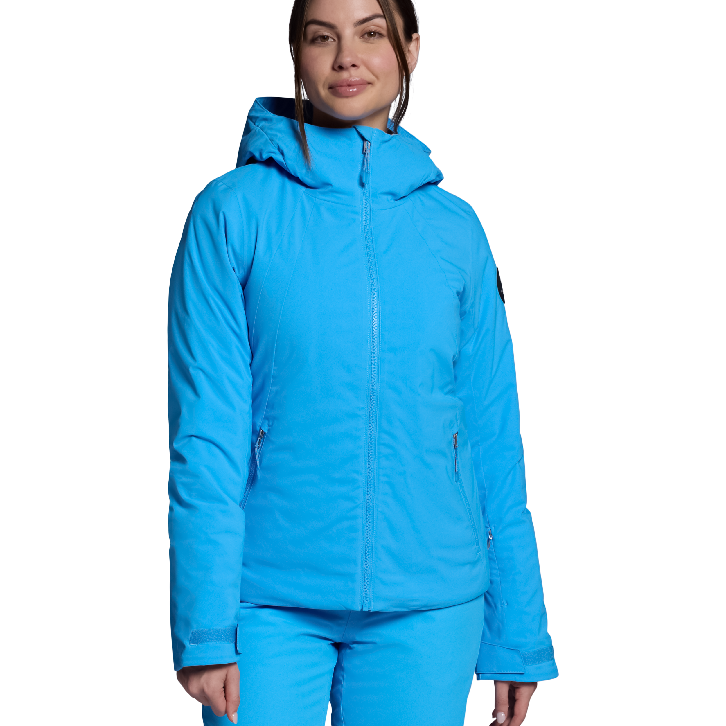 Women's insulated ski jacket, bright blue, full-zip with hood and side pockets