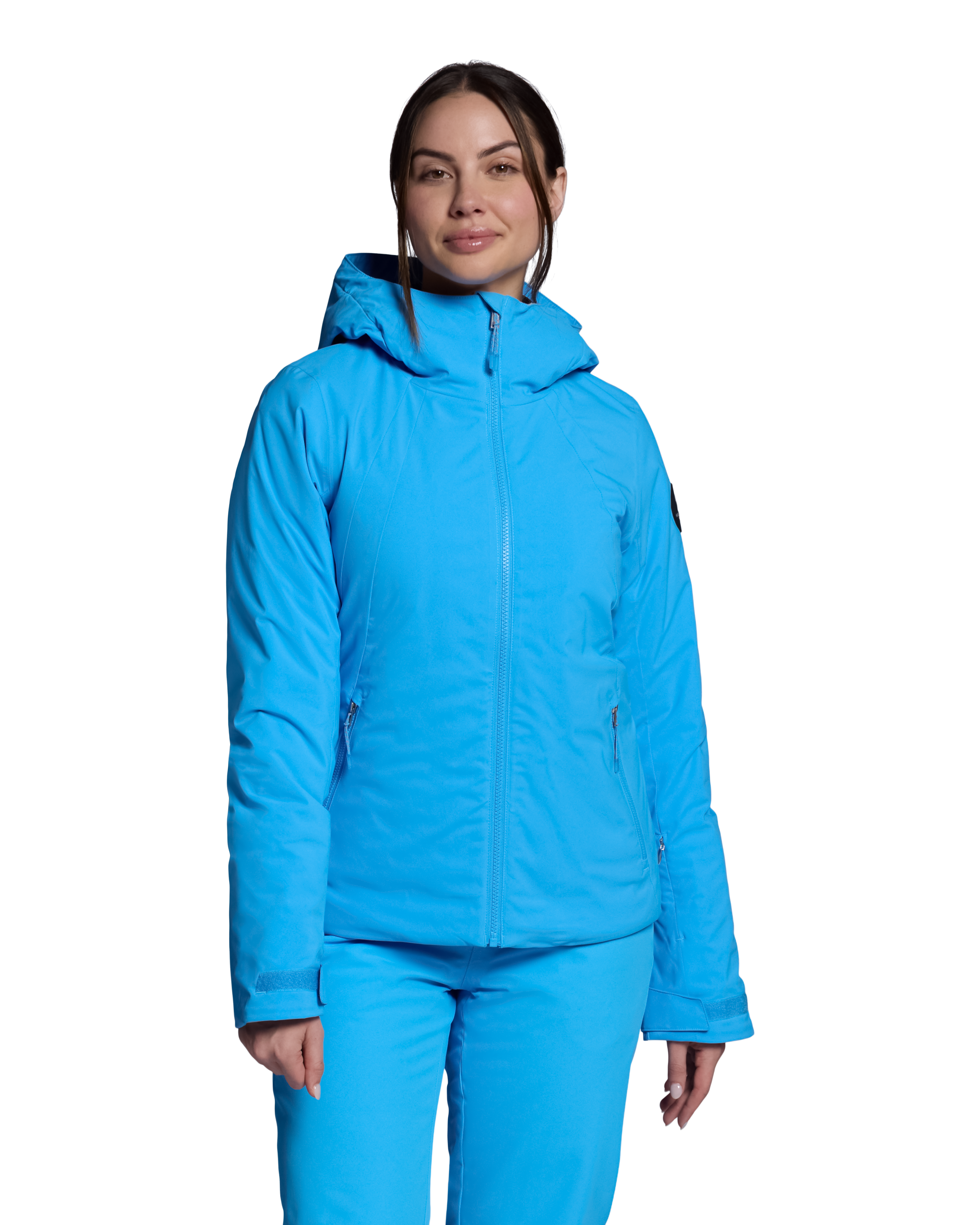 Women's insulated ski jacket, bright blue, full-zip with hood and side pockets