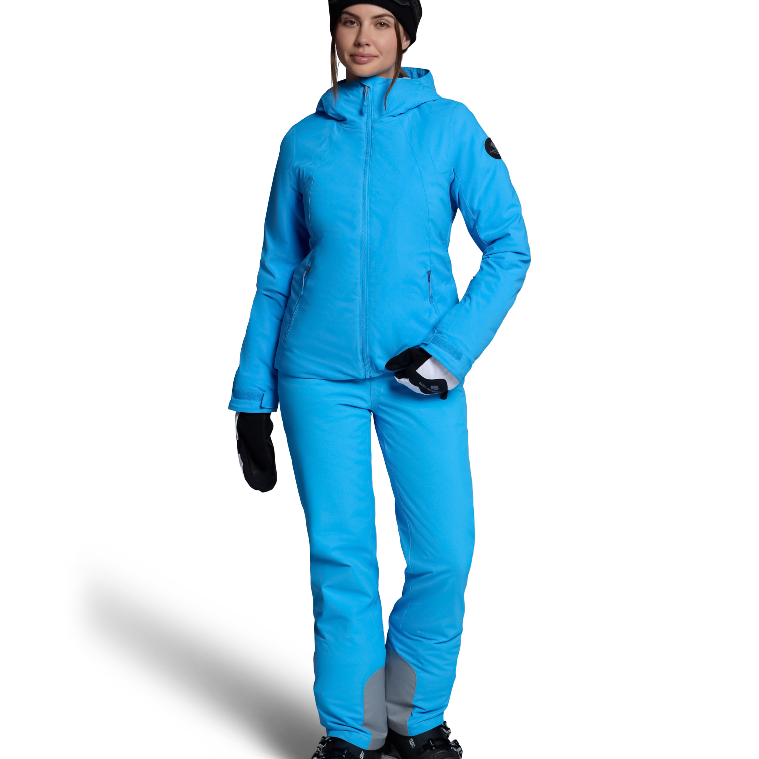 Women's insulated ski jacket in bright blue, hooded full-zip, long sleeves