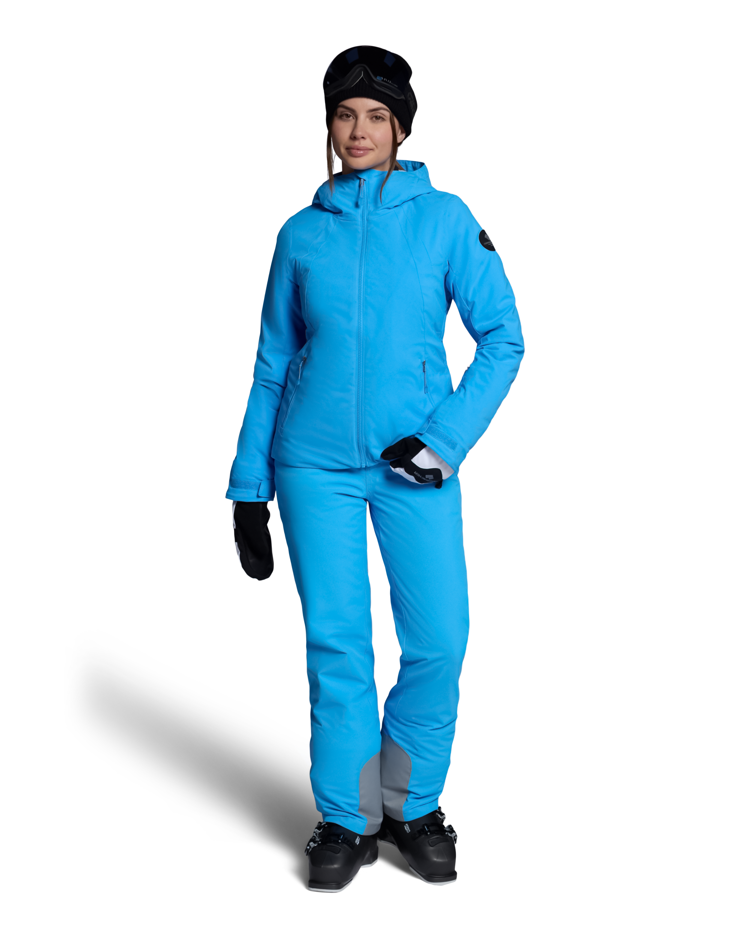 Women's insulated ski jacket in bright blue, hooded full-zip, long sleeves