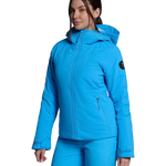 Women's insulated ski jacket in bright blue, front view with hood and full zipper